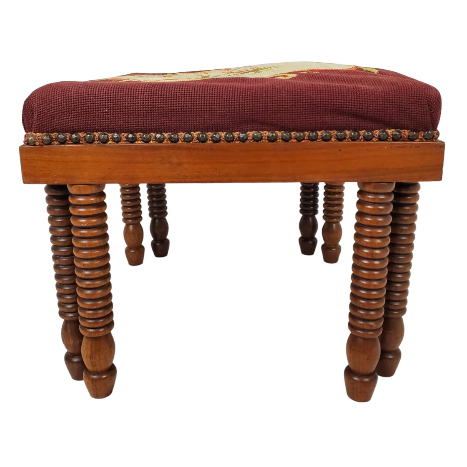 Antique Ottoman Footstool Needlepoint Top English Oak Bobbin Legs Granny Chic