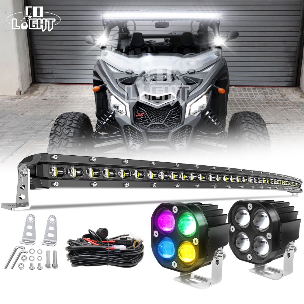 For Can-am Maverick X3 XDS XRS Roof 50" Curved LED Light Bar+RGB 4" Pods +Wire