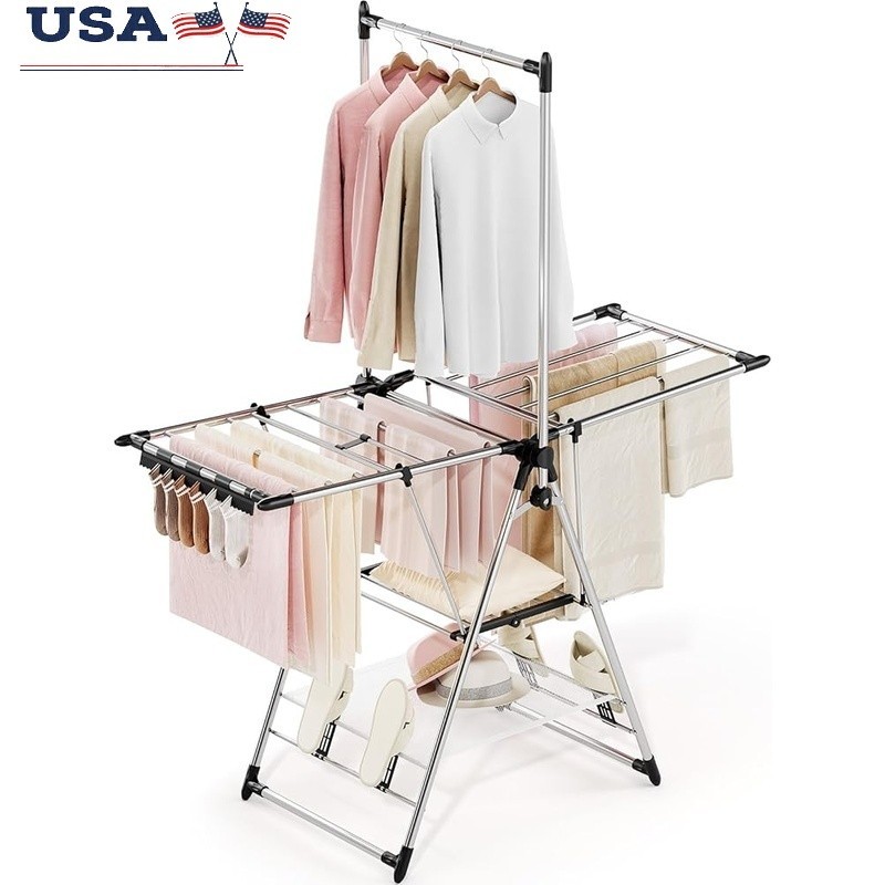 Foldable Clothes Drying Rack 3-Level Laundry Stand Shoe Rack Adjustable Wings US