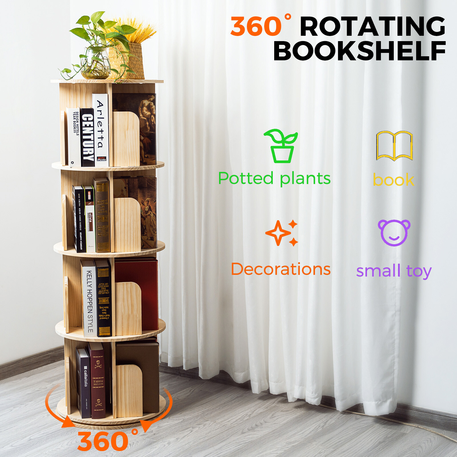 4 Tier 360° Rotating Bookshelf Bookcase Storage Shelf Freestanding Display Rack