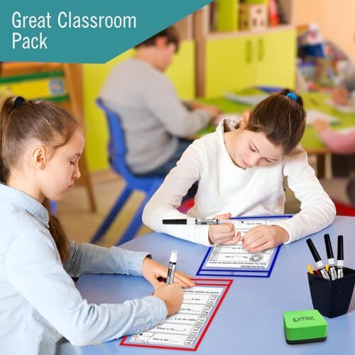 Dry Erase Pockets, 6 Plastic Paper Sleeves, Assorted Color Plastic 6 Pack