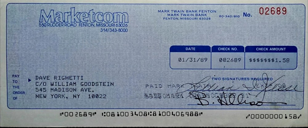 Check/Document  Dave Righetti   - autographed signed