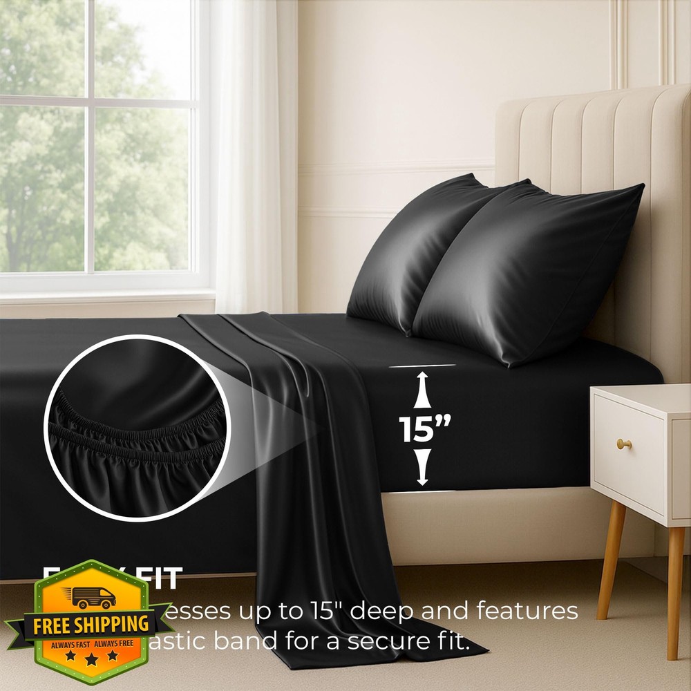 Black Satin Sheet Set Full 4-Piece Silky Microfiber