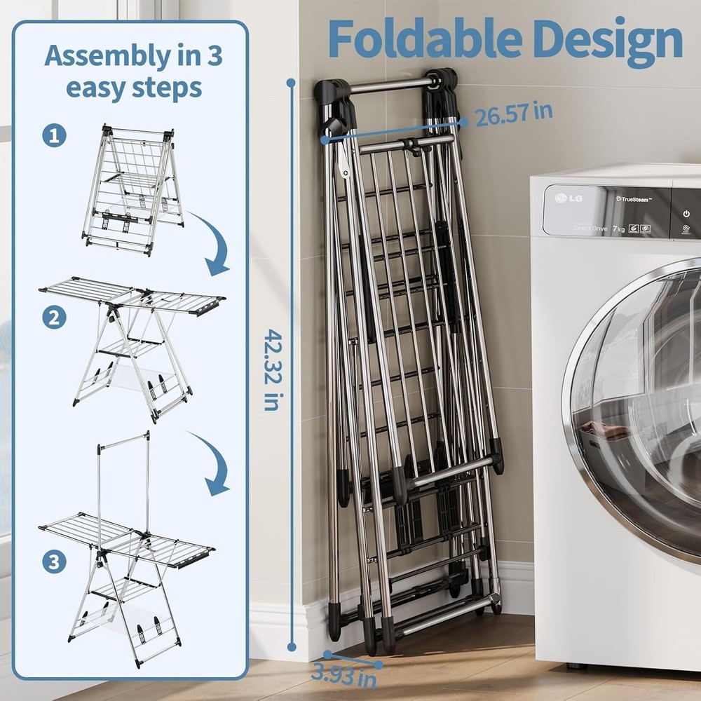 Spacious Foldable Clothes Drying Rack with Adjustable Height Silver - 3 Levels