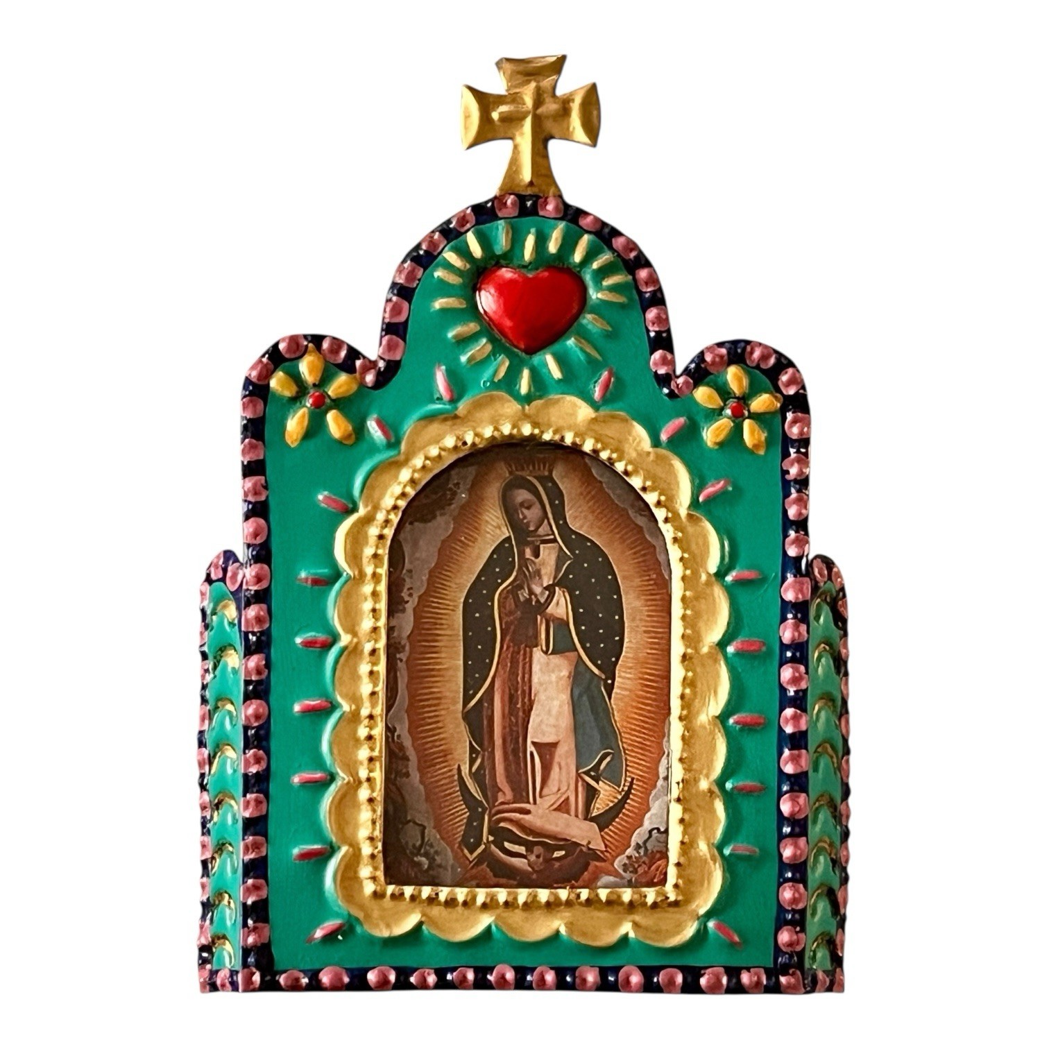 Small Church Nicho, Virgin Guadalupe Mexican Tin Heart Nicho Frame