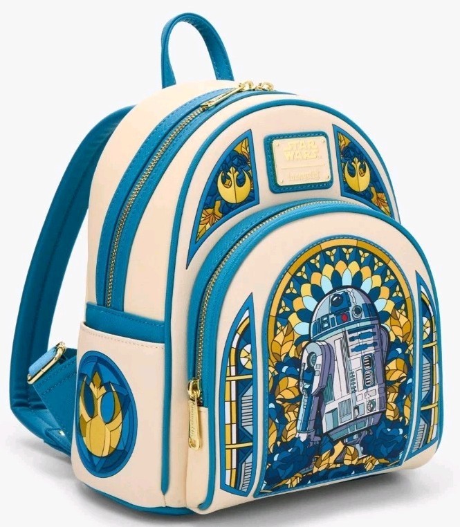 NEW! Loungefly Star Wars R2-D2 Stained Glass Portrait Mini Backpack & WALLET Set