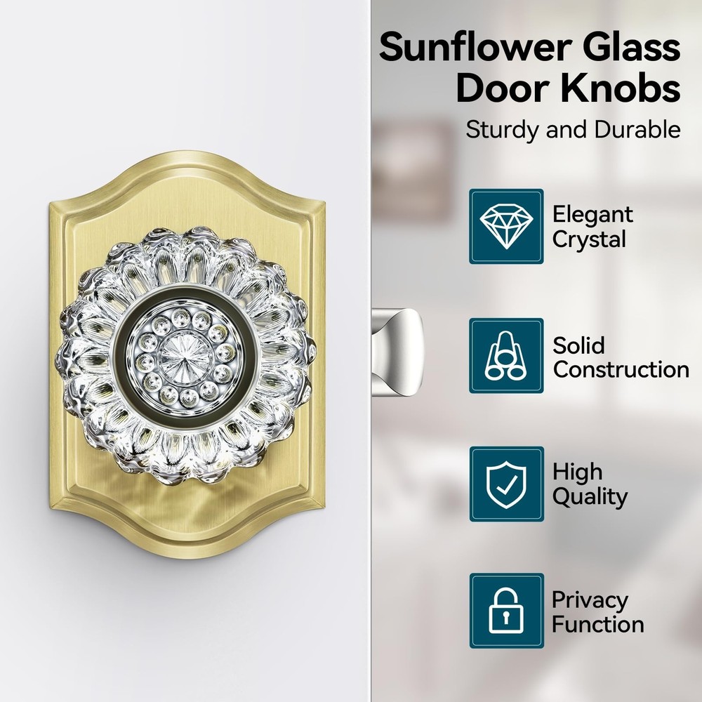 Crystal Door Knobs with Lock, Brushed Gold Glass Door Knobs Interior for Priv...