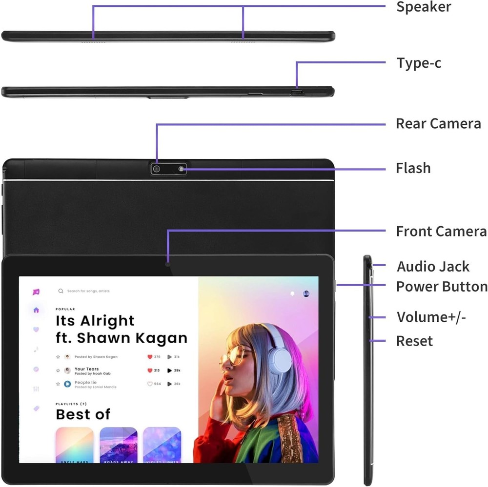 Veidoo Android 12 Tablet 10 Inch IPS Screen, 64GB ROM BLACK