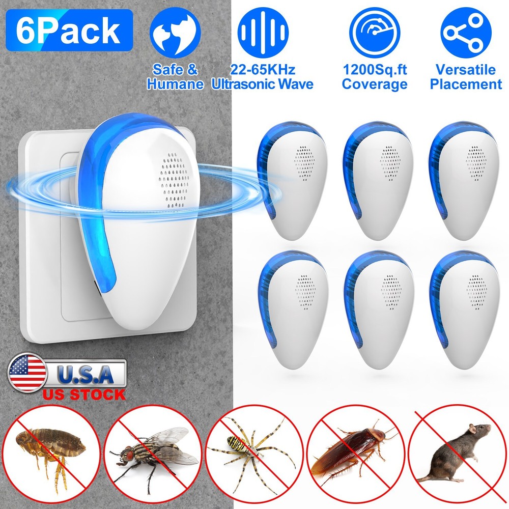 6 Pack Ultrasonic Bug Repeller Plug in Unit for Mosquitos Spiders Mice Control