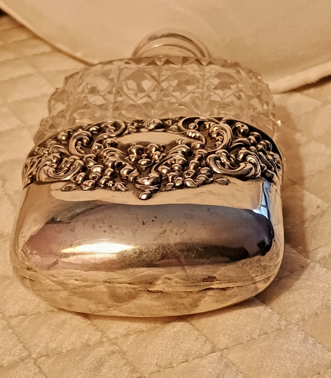 Vintage Crystal Flask w/ Sterling Silver Cup w 3D Repousse & Bayonet Mount Cup