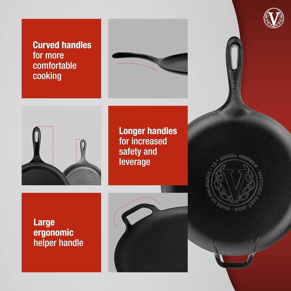 12-Inch Cast-Iron Comal Pizza Pan with a Long Handle and a Loop Handle