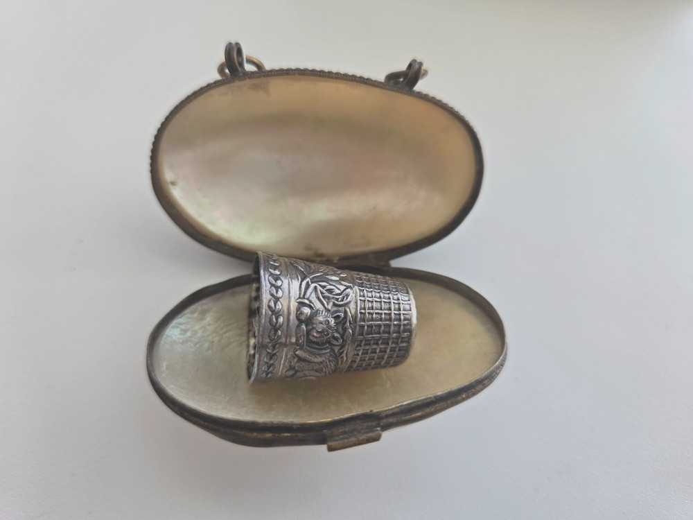 Antique MOP Shell Brass Thimble Holder Chatelaine Chain Figural Silver Thimble
