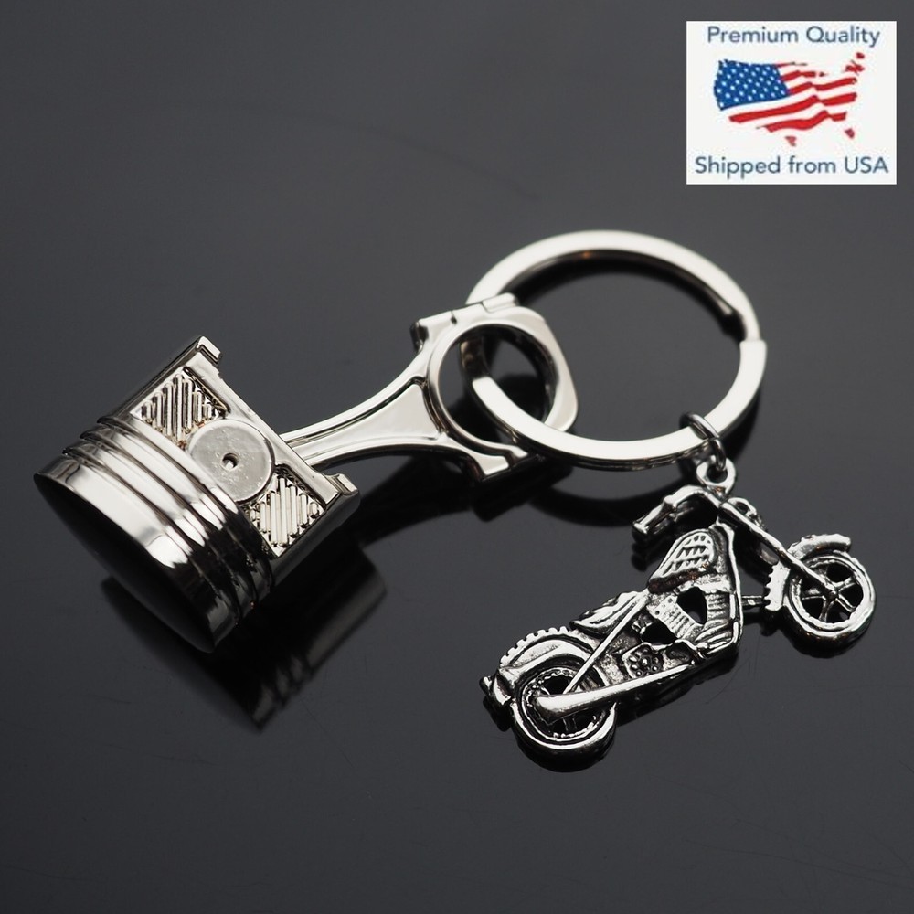 Piston Keychain Engine Connecting Rod Key Chain Skull Motorcycle Charm Chrome