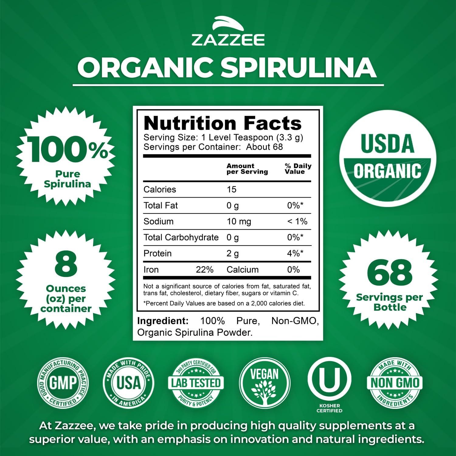 Zazzeze USDA Organic Spirulina Powder, 8 Ounces, 68 Servings, 100% Pure, Kosher