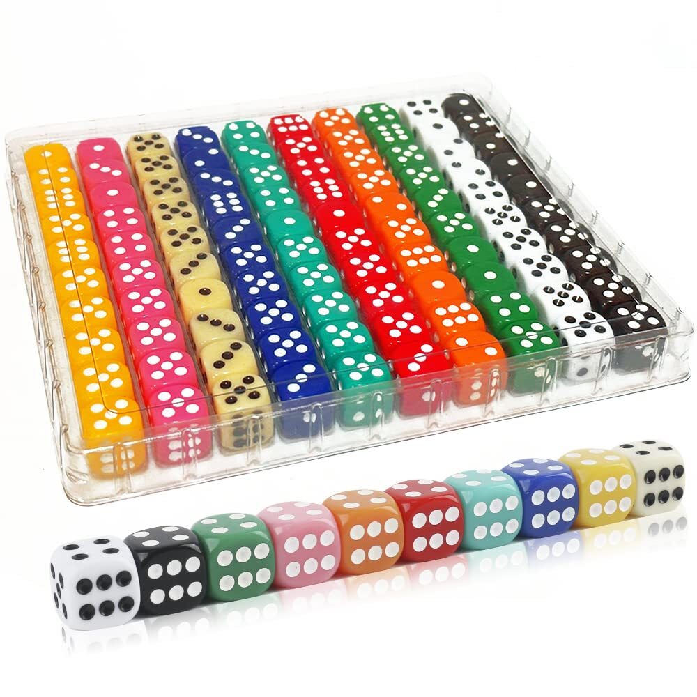 Dice Set 6 Sided Standard Colored Rounded Corners , 100 Pieces 16MM