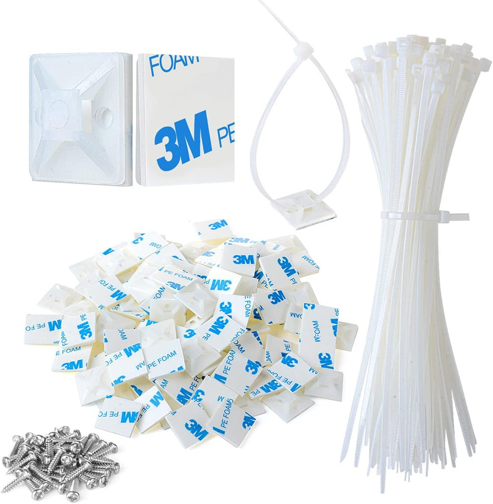 /" Strong Back-Glue Self Adhesive White Cable Zip Tie Mounts 100Pcs with " Ties,