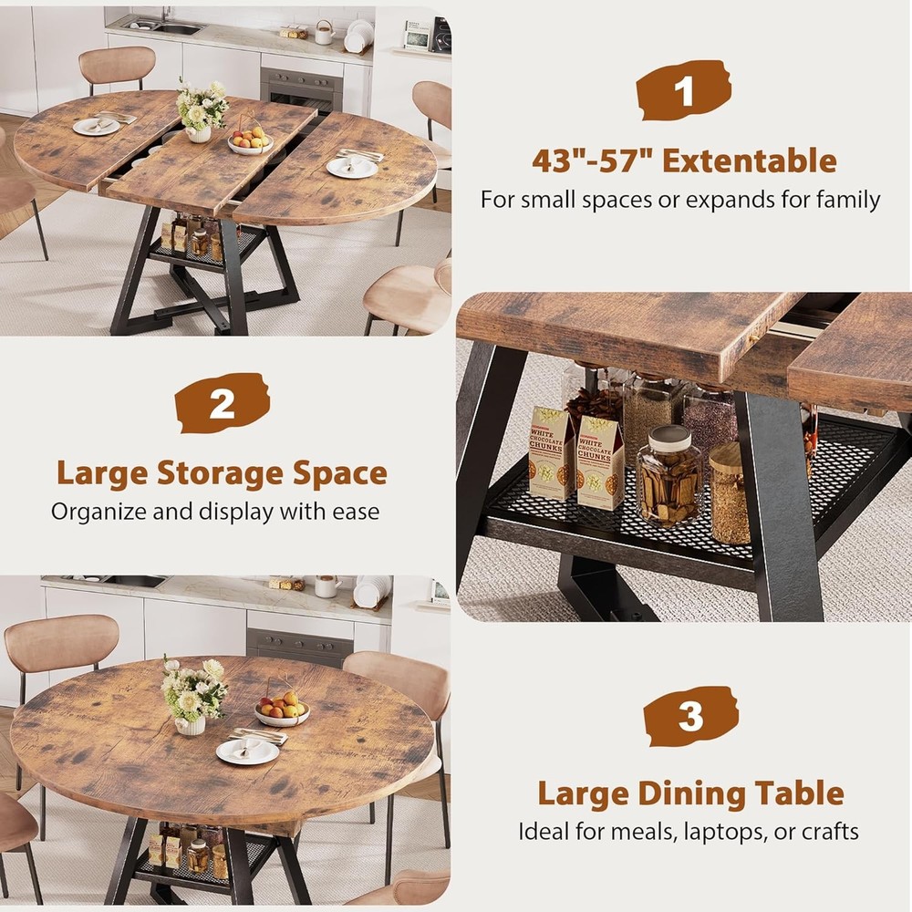 Round Dining Table Kitchen Dining Room Dinner Table 4-6 Space Saving Extendable
