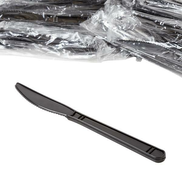 Individually Wrapped Black Heavy Weight Plastic Fork X2 + Spoon + Knife Set