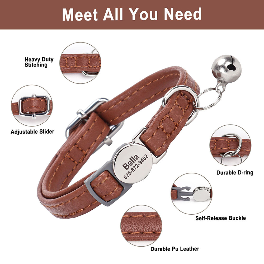 Personalized Cat Collar Puppy Kitten Engraved Name Tag Soft Leather Adjustable
