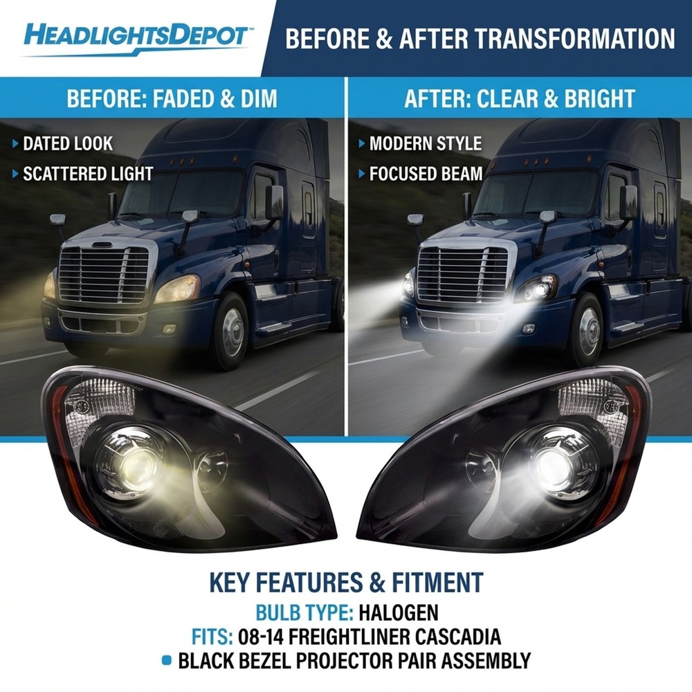 Headlights Projector Set Black Bezel Fits 2008-2014 Freightliner Cascadia