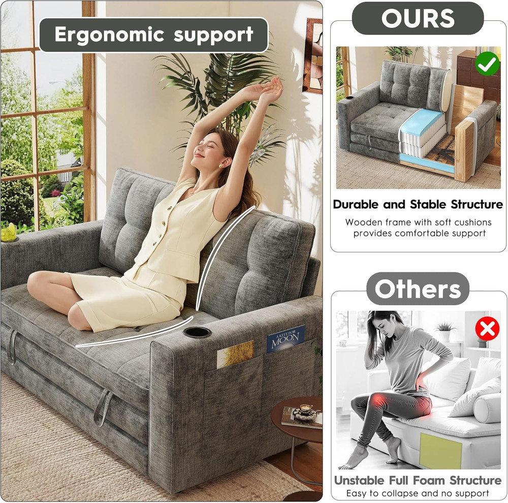 Compact 55" Grey Chenille Convertible Sofa Bed with Cup Holder & Pillow