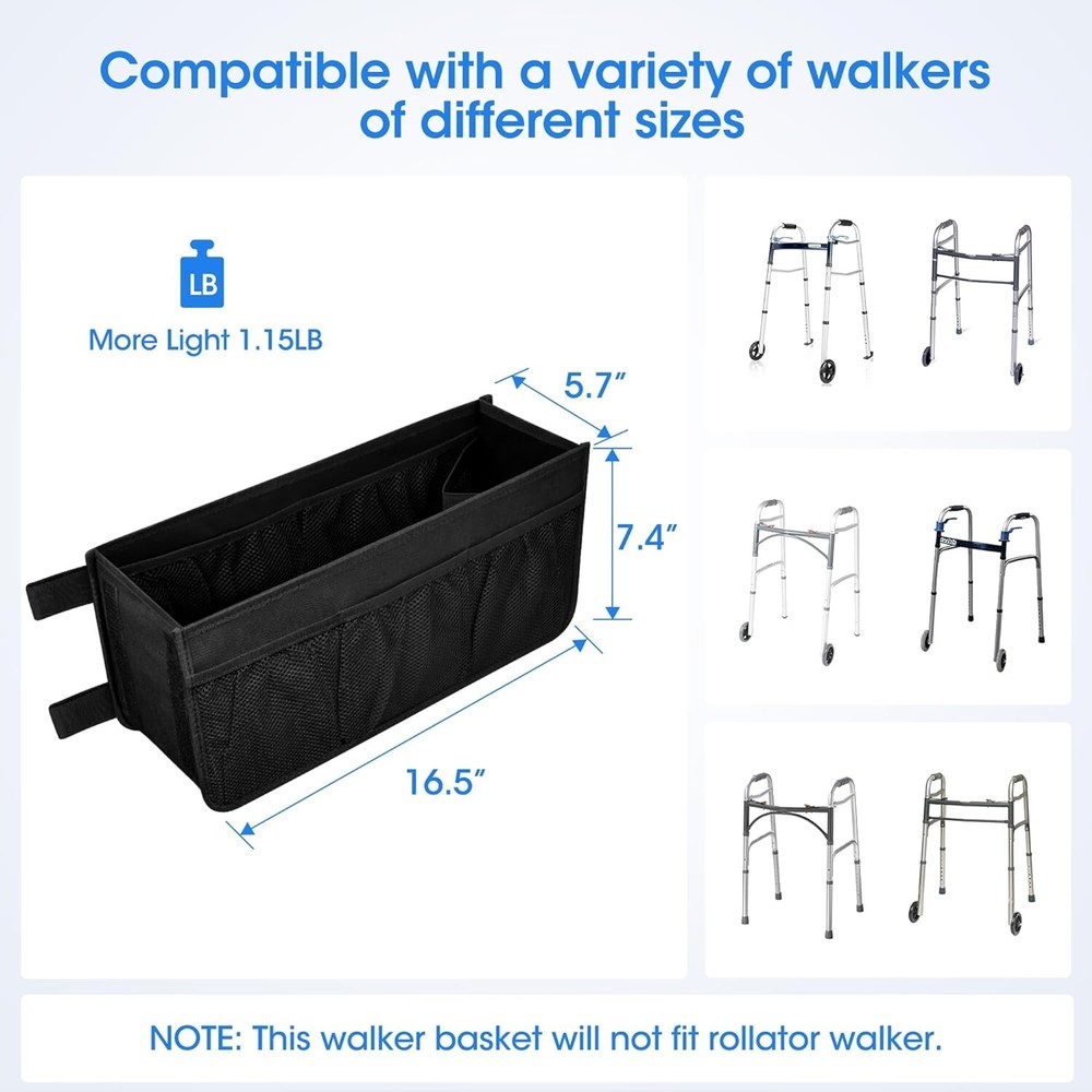 Black Foldable Walker Basket with Extra Mesh Pockets – Perfect Gift for Seniors