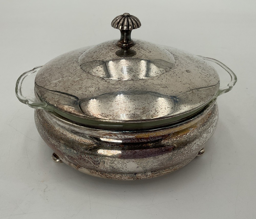 Vintage Sheffield Silver Co. Plate Lid Serving Dish W/ Pyrex Glass Bowl Insert