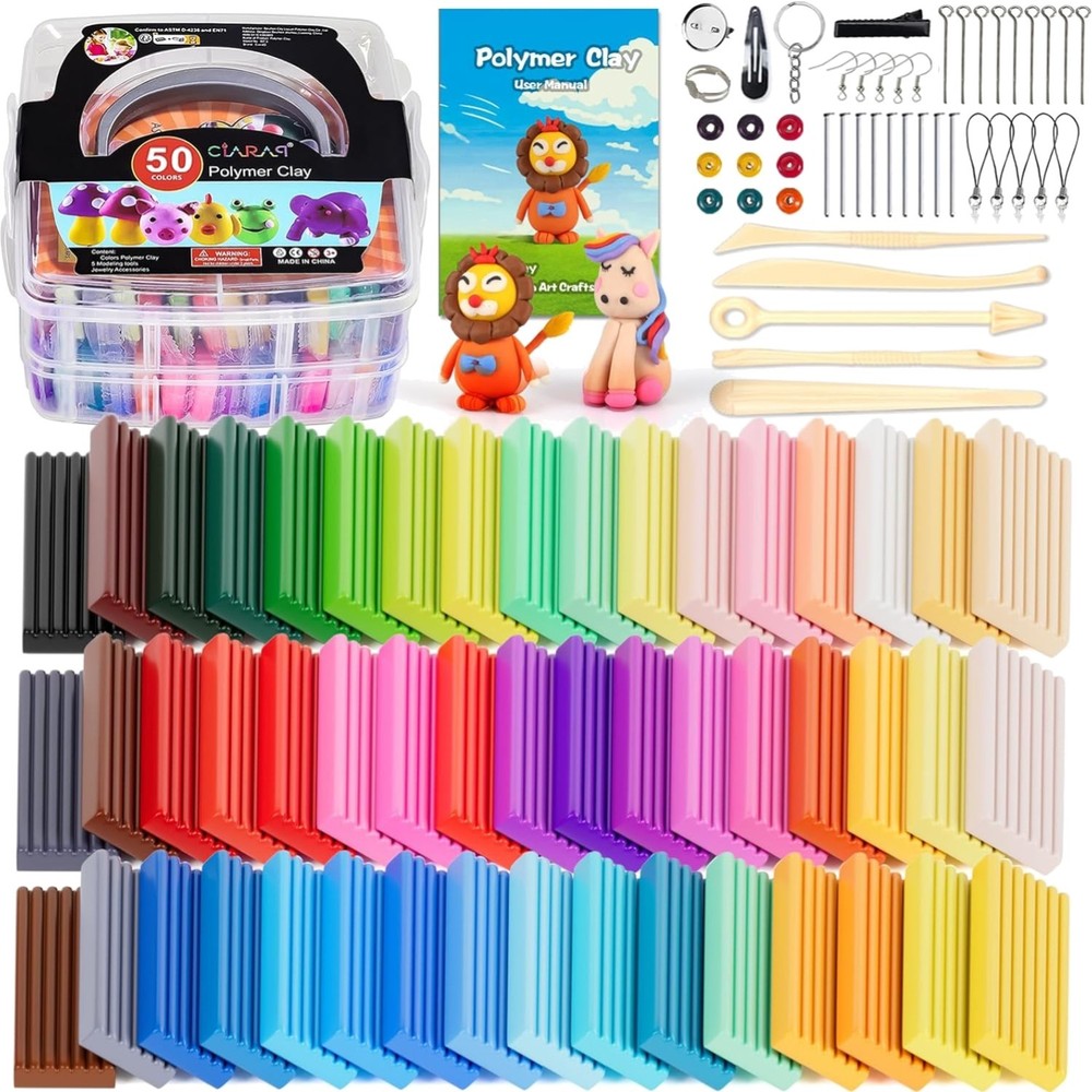 Complete Polymer Clay Kit with Tools - 50 Vibrant Colors & Storage Box
