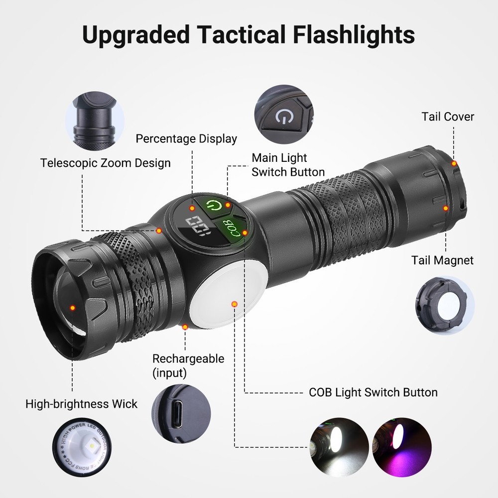 2x Super Bright LED Flashlight Rechargeable Magnetic Flashlights LED Work Lights