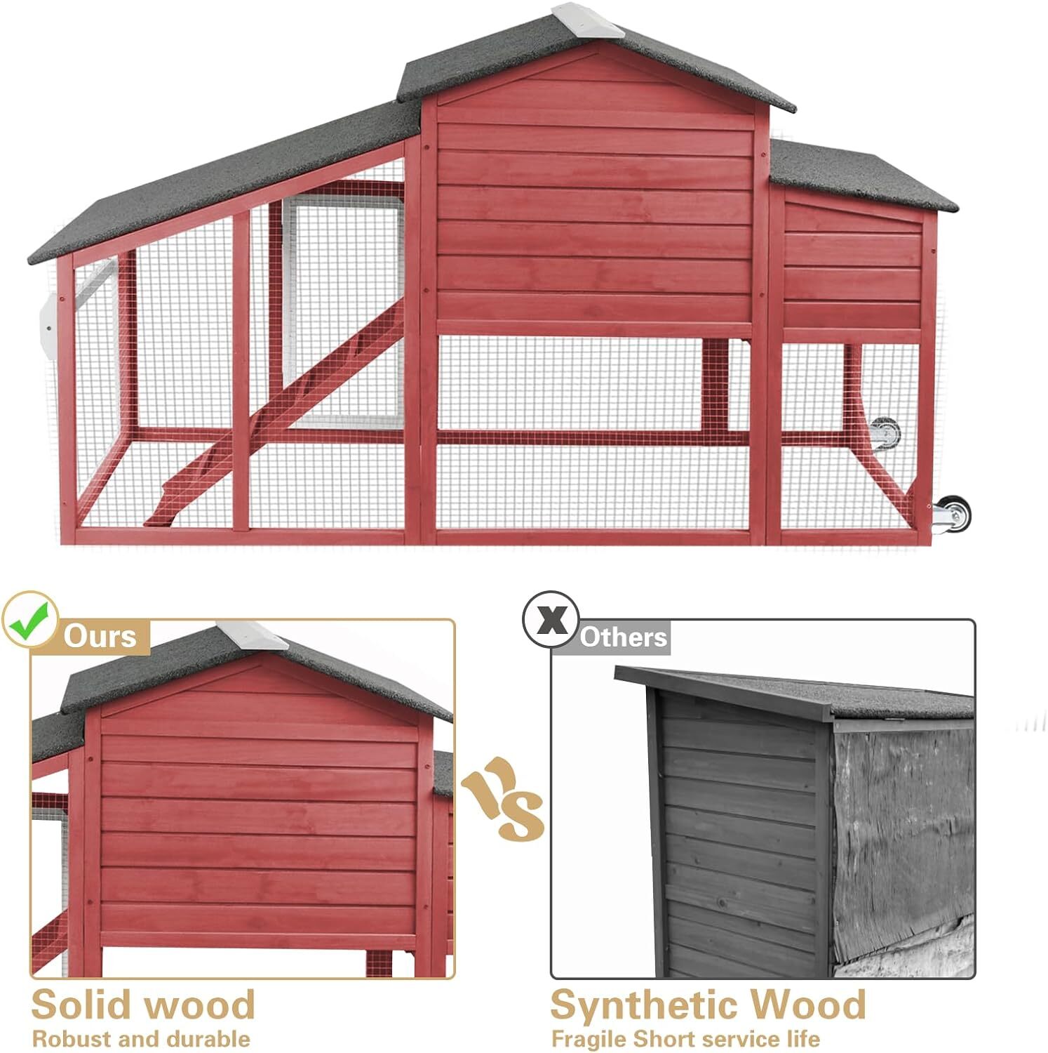 PetsCosset Chicken Coop Wooden Backyard Hen House with Run Nesting Box & Trays