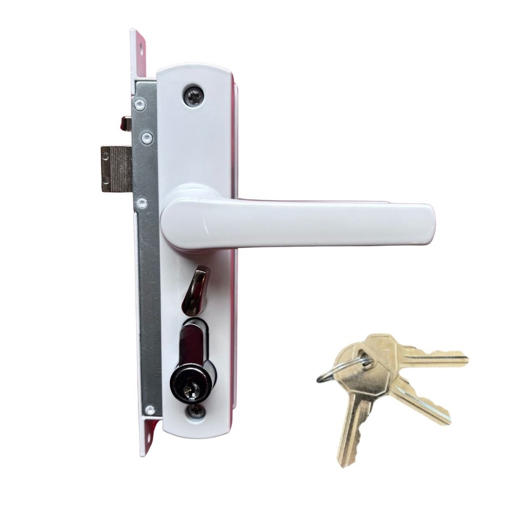 Security Screen Door Lock Hinged | White | With Snib | Cylinder + 3 Keys