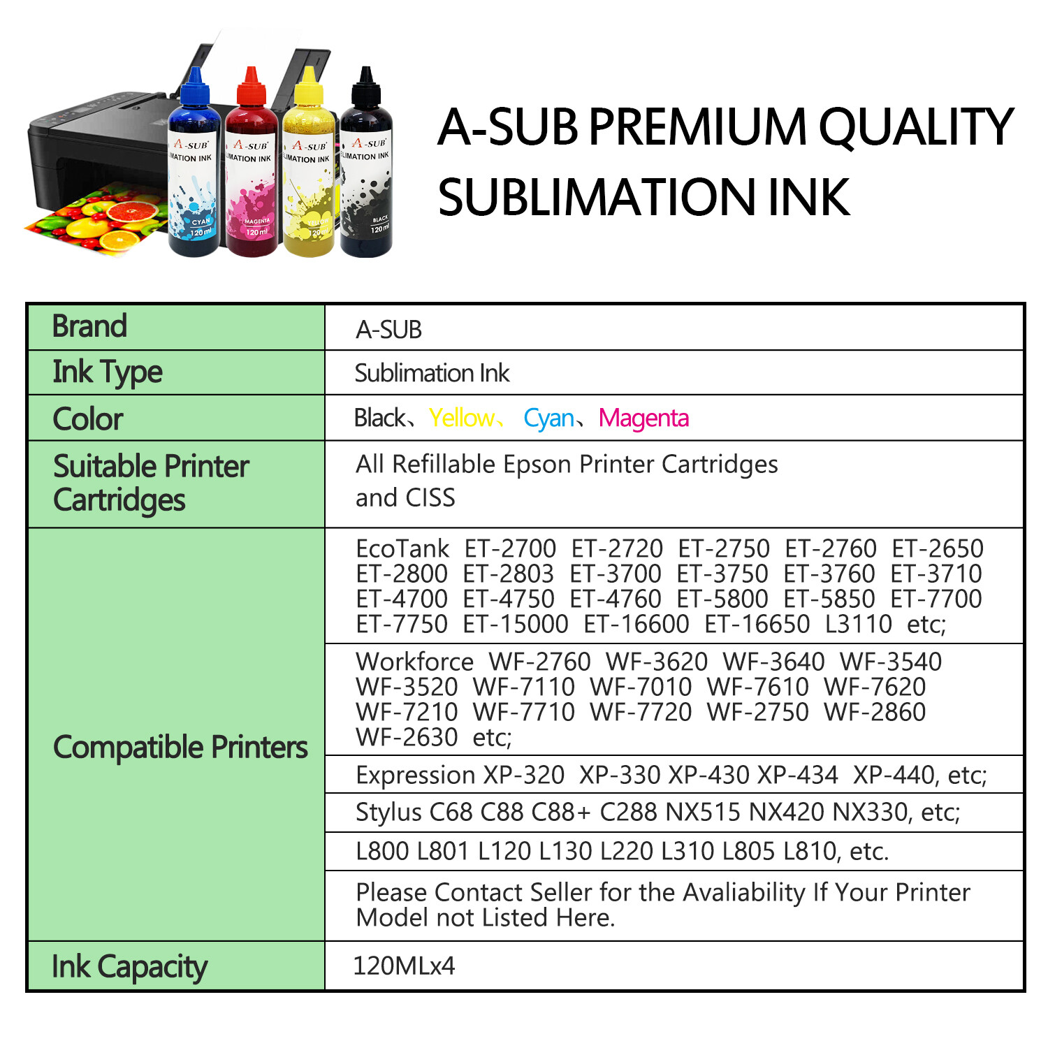 960ML Bulk A-SUB Sublimation Ink for All Inkjet ET-2720 2760 4800 2800 2803 2400