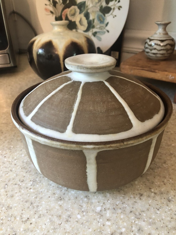 Vintage Lidded Stoneware Pot Studio Pottery Signed Campbell Brown White