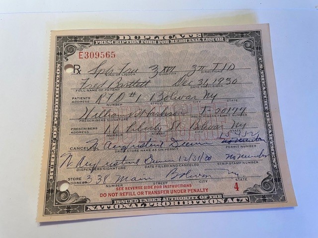 Early 1930's Prohibition Prescription for Medicinal Liquor - Quantity 1
