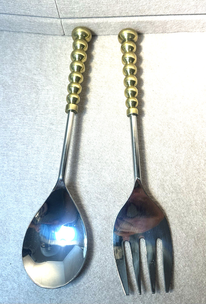 Brass Handle Salad Serving Set Fork & Spoon 11 .5"