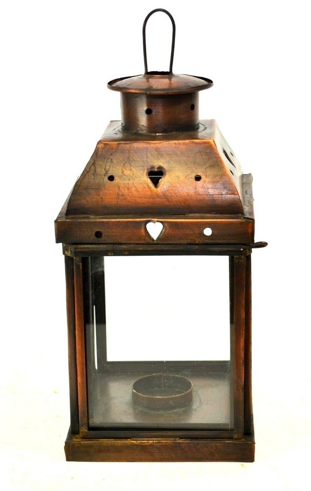 Tin Lantern Hearts Pattern, Copperized Tin- 5 x 5 x 11H