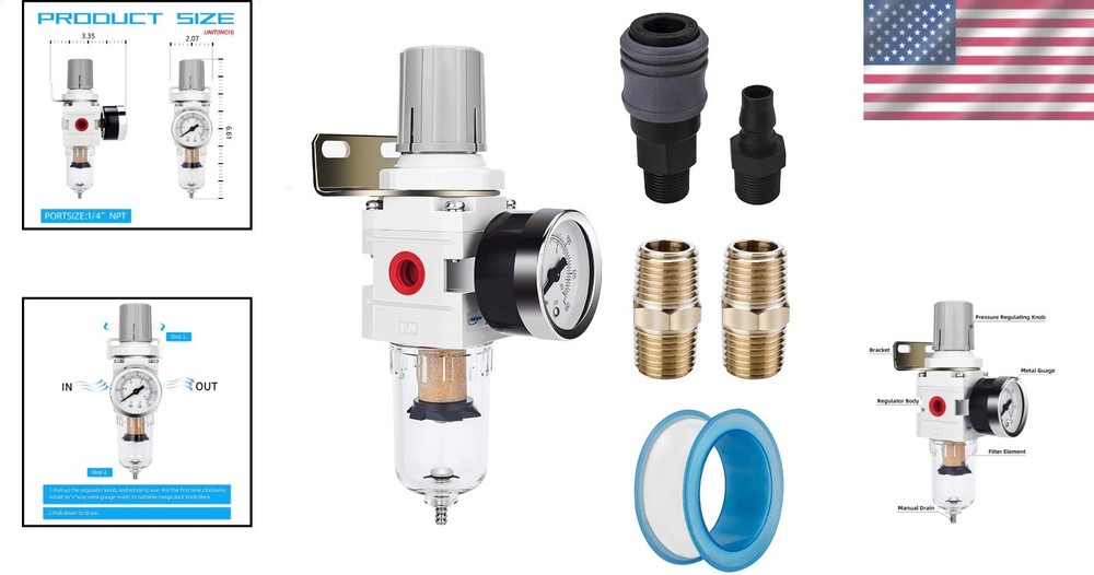 1/4" NPT Compressed Air Filter Regulator with Semi-Auto Drain & Gauge