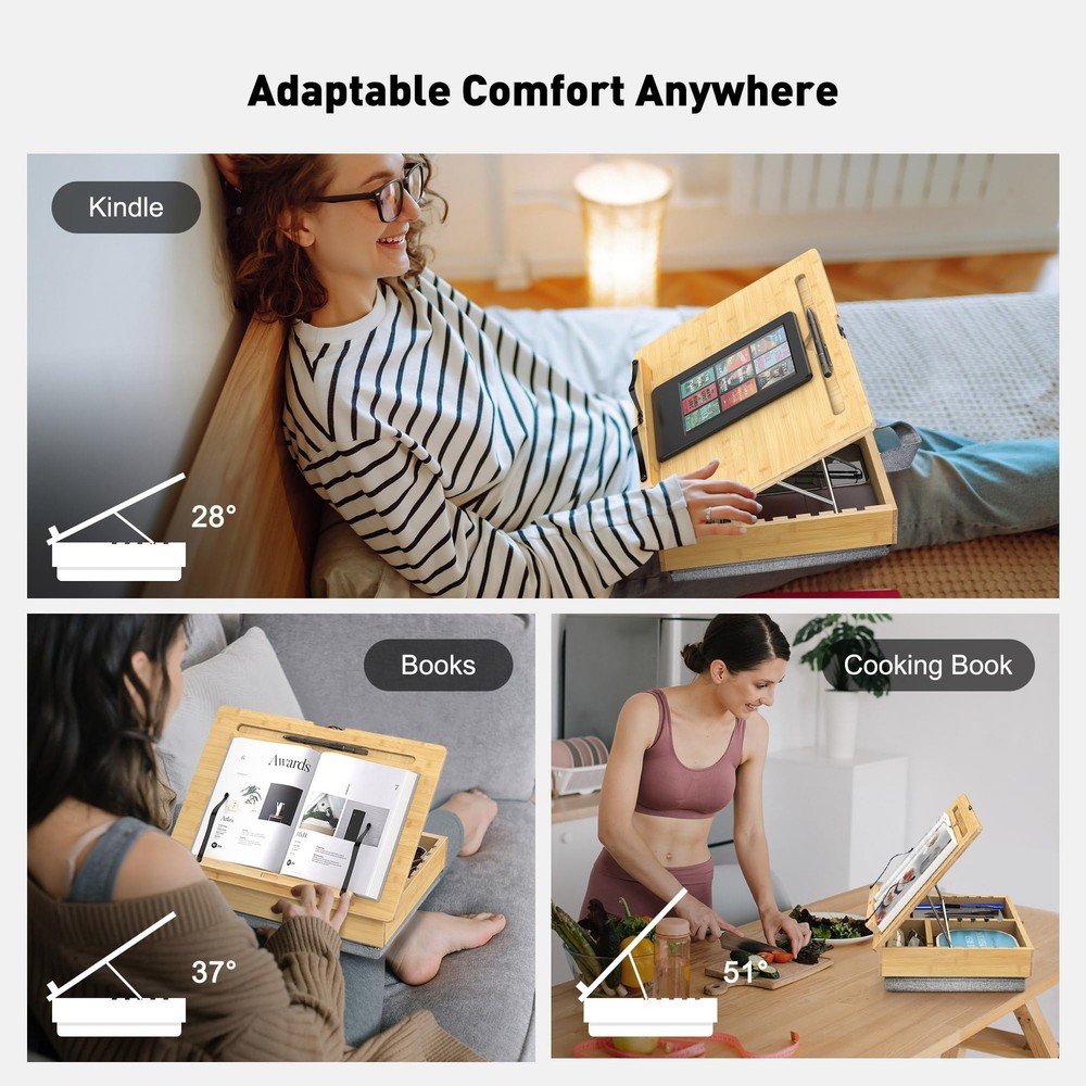 AboveTEK Book Stand for Reading with Storage, Adjustable Bamboo Brown