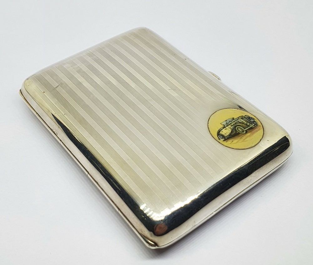 Antique Sterling Silver Car Enameled Cigarette Case - 143
