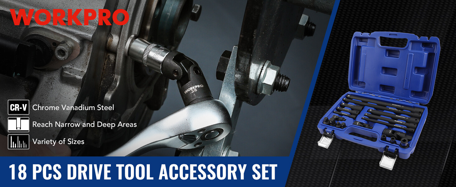 WORKPRO 18PCS Drive Tool Accessory Set 1/4"3/8''&1/2''Drive Corrosion-resistant