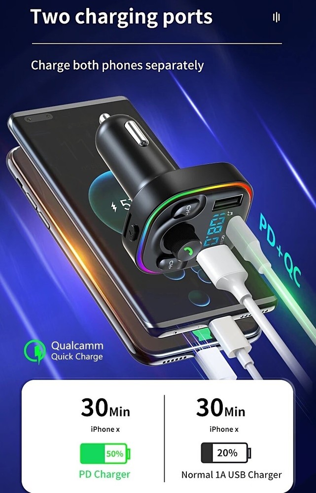 Bluetooth 5.0 Car Wireless FM Transmitter Adapter USB PD Charger AUX Hands-Free