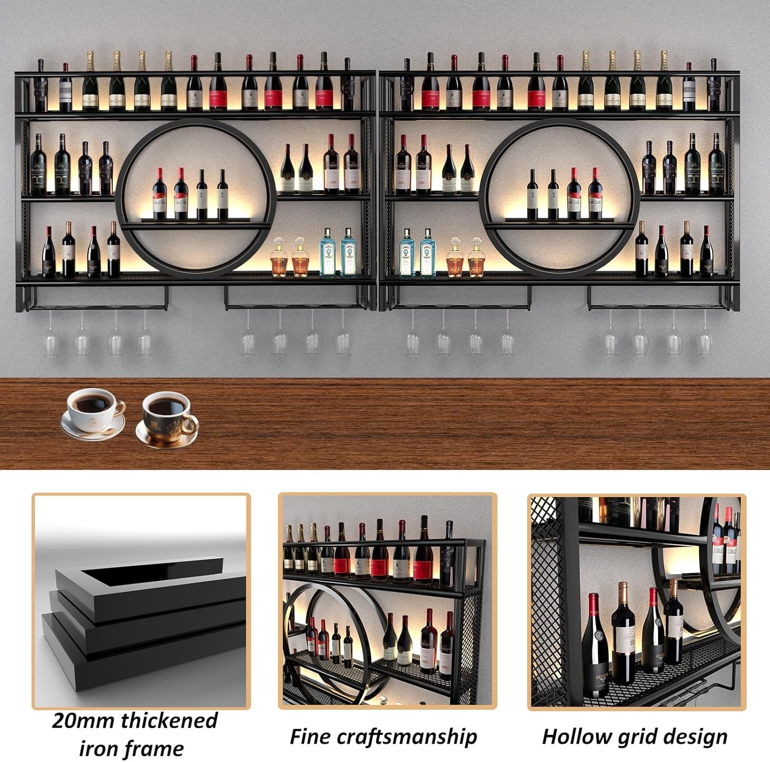 Wall Mounted LED Wine Rack Metal Bar Bottle Display Shelf with Wine Glass Rack