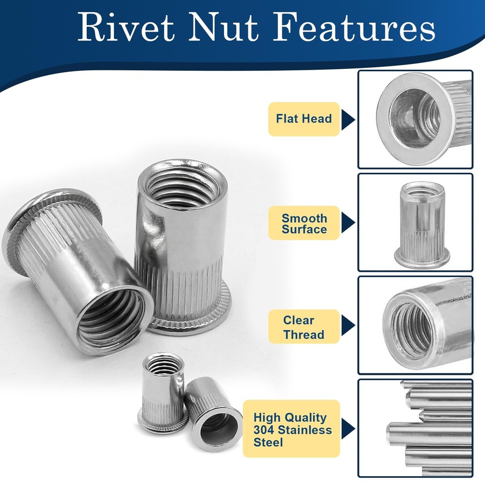 8-32 UNC Rivet Nut 100Pcs Stainless Steel Flat Head Threaded Insert Nutsert