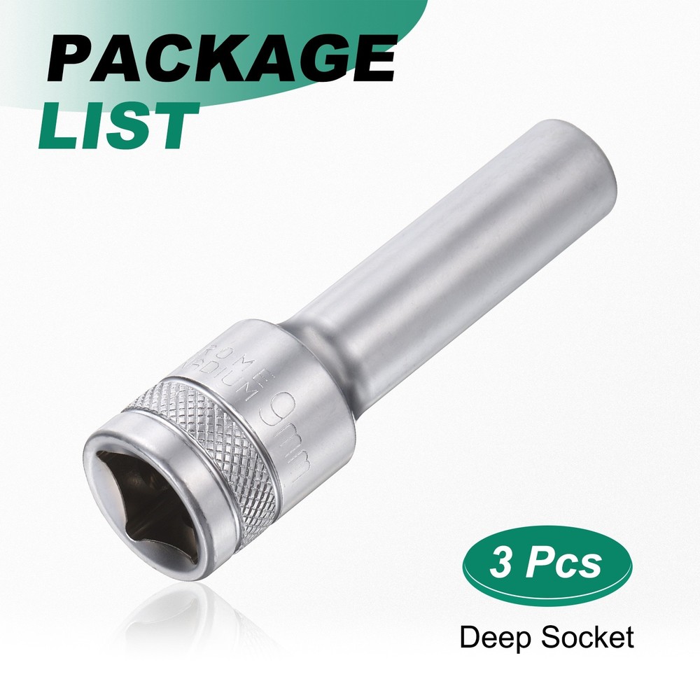 3pcs 6 Points Deep Socket 1/2" Drive 9mm Nickel Plating Hex Socket 3.1" Long