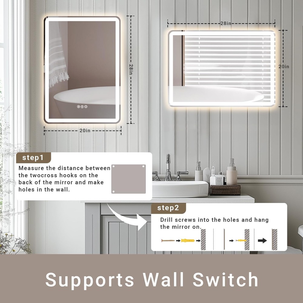28x 20 LED Bathroom Mirror with Stepless Dimmable, Backlight Wall Mirrors wit...