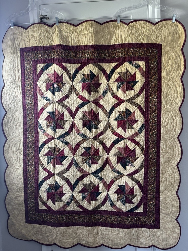 Signed HANDMADE Patchwork Quilt Throw 50x60 Scalloped Edge Star Rings 2002
