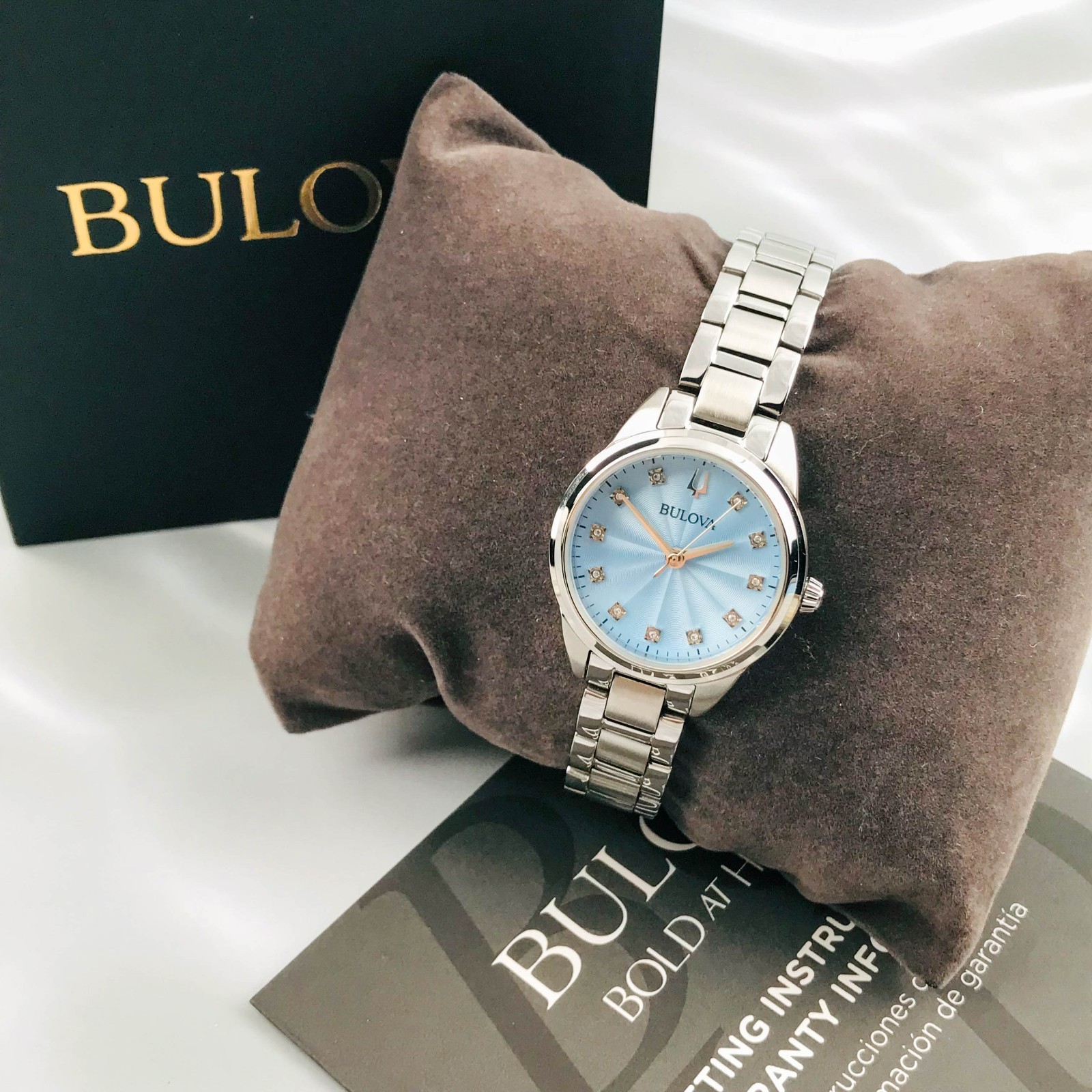 Bulova Classic 96P250 Sutton 11 Diamonds Blue Dial Women's Quartz Watch 28mm
