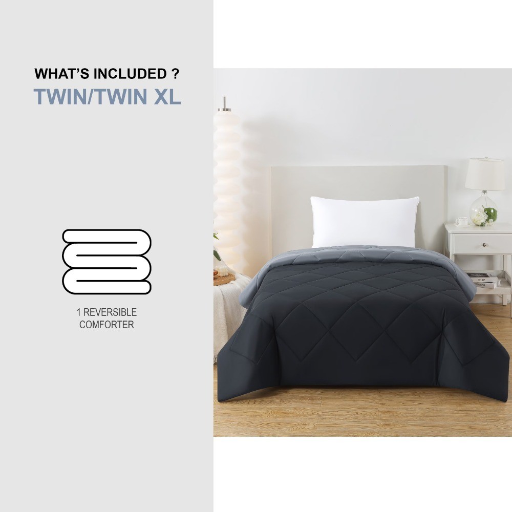Reversible Twin XL Microfiber forter Black with Grey Checkered Pattern