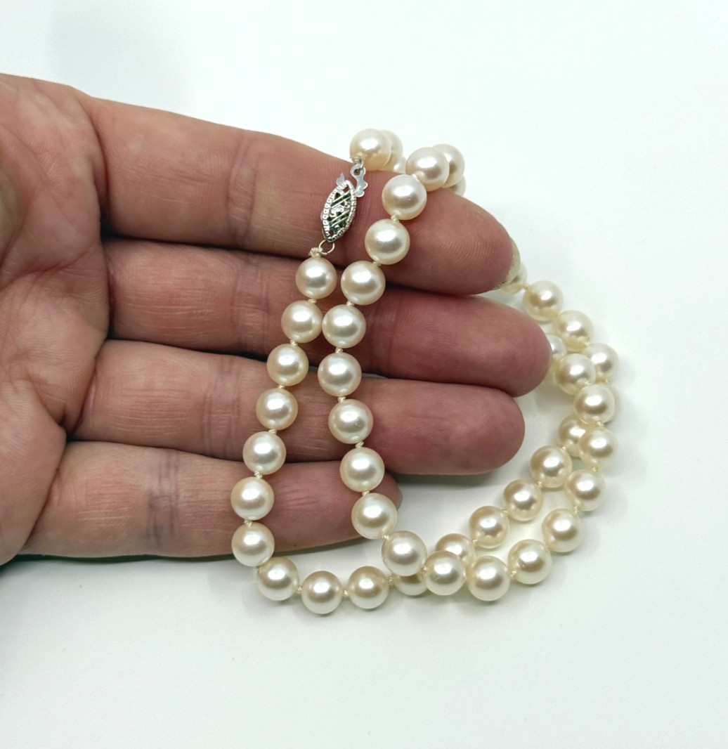 7mm Quality Choker 14K Solid White Gold Japanese Saltwater Akoya Pearl Necklace