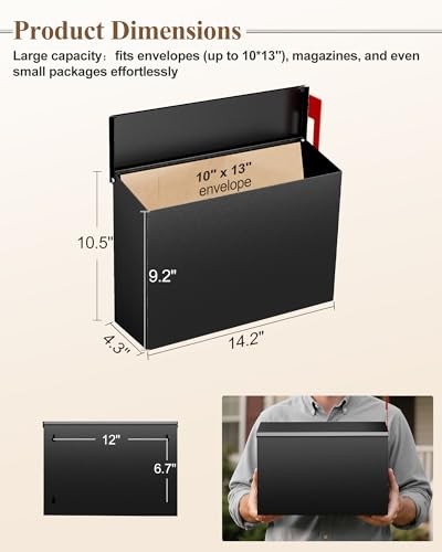 Wall-Mount Mailbox for Outside, Large Capacity Rust-Proof Mail Box with Black